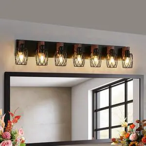 industrial Vintage 7-Light Wall Sconce - Black Cage Wall Lighting Fixture with Wooden Accents for Bathroom, Hallway, Or Living Room (Bulb Not included) industrial Vintage 7-Light Wall Sconce - Black Cage Wall Lighting Fixture with Wooden Accents for Bathroom, Hallway, Or Living Room (Bulb Not included)