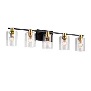 5-Light Matte Black + Matte Gold Color Bathroom Light Fixtures, Modern Vanity Lights with Glass Shade, Vintage Light Fixture Bathroom Over Mirror Wall Lights for Kitchen Dinning Room Bedroom Hallway 5-Light Matte Black + Matte Gold Color Bathroom Light Fixtures, Modern Vanity Lights with Glass Shade, Vintage Light Fixture Bathroom Over Mirror Wall Lights for Kitchen Dinning Room Bedroom Hallway