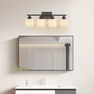 Black Bathroom Light Fixtures, 4-Light Modern Vanity Light Over Mirror, Wall Sconces with Milky White Frosted Glass Shades, E26 Socket (Bulbs Not included) Black Bathroom Light Fixtures, 4-Light Modern Vanity Light Over Mirror, Wall Sconces with Milky White Frosted Glass Shades, E26 Socket (Bulbs Not included)