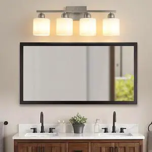 Brushed Nickel Bathroom Light Fixtures, 4-Light Modern Vanity Light Over Mirror, Wall Sconces with Milky White Frosted Glass Shades, E26 Socket (Bulbs Not included) Brushed Nickel Bathroom Light Fixtures, 4-Light Modern Vanity Light Over Mirror, Wall Sconces with Milky White Frosted Glass Shades, E26 Socket (Bulbs Not included)