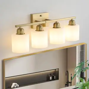 Gold Bathroom Light Fixtures, 4-Light Modern Vanity Light Over Mirror, Wall Sconces with Milky White Frosted Glass Shades, E26 Socket (Bulbs Not included) Gold Bathroom Light Fixtures, 4-Light Modern Vanity Light Over Mirror, Wall Sconces with Milky White Frosted Glass Shades, E26 Socket (Bulbs Not included)