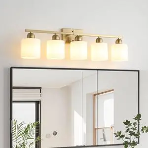 Gold Bathroom Light Fixtures, 5-Light Modern Vanity Light Over Mirror, Wall Sconces with Milky White Frosted Glass Shades, E26 Socket (Bulbs Not included) Gold Bathroom Light Fixtures, 5-Light Modern Vanity Light Over Mirror, Wall Sconces with Milky White Frosted Glass Shades, E26 Socket (Bulbs Not included)