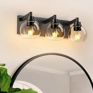 Bathroom Vanity Light,Modern 3-Light Bathroom Lighting Fixtures Over Mirror with Clear Glass Shade and Metal Base,Matte Black Bathroom Lighting(No Bulbs) Bathroom Vanity Light,Modern 3-Light Bathroom Lighting Fixtures Over Mirror with Clear Glass Shade and Metal Base,Matte Black Bathroom Lighting(No Bulbs)