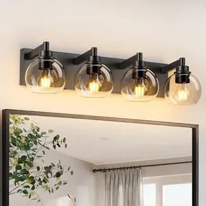 industrial Bathroom Vanity Light,4-Light Bathroom Lights Over Mirror with Clear Glass Globe Shade and Metal Base, Matte Black Bathroom Vanity Light Fixture(Bulbs Not included) industrial Bathroom Vanity Light,4-Light Bathroom Lights Over Mirror with Clear Glass Globe Shade and Metal Base, Matte Black Bathroom Vanity Light Fixture(Bulbs Not included)