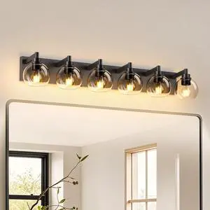 Farmhouse Bathroom Vanity Light Fixtures, 6-Light Bathroom Light Fixtures Over Mirror, Rustic Sconces Wall Lighting with Glass Shade for Living Room, Bedroom, Hallway Farmhouse Bathroom Vanity Light Fixtures, 6-Light Bathroom Light Fixtures Over Mirror, Rustic Sconces Wall Lighting with Glass Shade for Living Room, Bedroom, Hallway