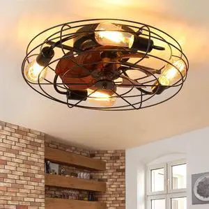 Caged Ceiling Fan with Light, 20'' Farmhouse Low Profile Ceiling Fan Lights with Remote Control, Modern Enclosed 4x E26 Bulb Ceiling Fans with Reversible Motor Living Room Bedroom Kitchen, Black Caged Ceiling Fan with Light, 20'' Farmhouse Low Profile Ceiling Fan Lights with Remote Control, Modern Enclosed 4x E26 Bulb Ceiling Fans with Reversible Motor Living Room Bedroom Kitchen, Black
