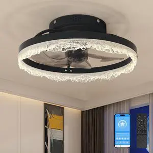 16" Decorative Led Ceiling Fan Light Modern Flush Mount with Crystal-inspired Acrylic Ring, Hidden Blades, Remote Control, and Dimmable Light for Stylish Homes (Black) 16" Decorative Led Ceiling Fan Light Modern Flush Mount with Crystal-inspired Acrylic Ring, Hidden Blades, Remote Control, and Dimmable Light for Stylish Homes (Black)