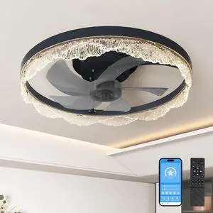 20" Decorative Led Ceiling Fan Light Modern Flush Mount with Acrylic Ring, Hidden Blades, Remote Control, and Dimmable Light for Stylish Homes (Black) 20" Decorative Led Ceiling Fan Light Modern Flush Mount with Acrylic Ring, Hidden Blades, Remote Control, and Dimmable Light for Stylish Homes (Black)