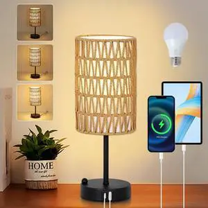 touch Table Lamp for Bedroom with Bulb, Boho Small Desk Lamp for Living Room with Rattan & Linen Shade, 3 Way Dimmable Bedside Table Lamp for Nightstand with Usb Charging Port & Phone Stand for Office touch Table Lamp for Bedroom with Bulb, Boho Small Desk Lamp for Living Room with Rattan & Linen Shade, 3 Way Dimmable Bedside Table Lamp for Nightstand with Usb Charging Port & Phone Stand for Office
