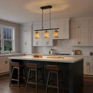 Elysian Three Lights Island with Natural Rattan Shade Farmhouse Chain Ceiling Lamp Elysian Three Lights Island with Natural Rattan Shade Farmhouse Chain Ceiling Lamp