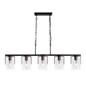 5-Light Linear Chandelier, industrial Kitchen Island Lighting with Adjustable Height, Clear Glass Shades & Wood Grain Accent, E26 Base, Modern Farmhouse Dining Room Light Fixture for Living Room 5-Light Linear Chandelier, industrial Kitchen Island Lighting with Adjustable Height, Clear Glass Shades & Wood Grain Accent, E26 Base, Modern Farmhouse Dining Room Light Fixture for Living Room