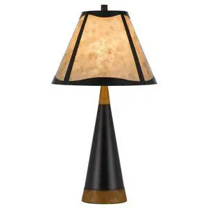 30 inch 3 Way Table Lamp, Beige Mica Shade, Rubberwood and Black Metal Body 30 inch 3 Way Table Lamp, Beige Mica Shade, Rubberwood and Black Metal Body