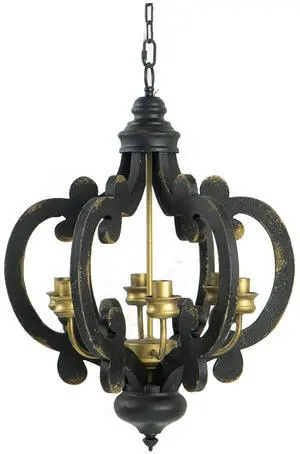 Aki 21 inch Carved Wood Chandelier, 6 Lights, Vintage Classic, Black, Gold Aki 21 inch Carved Wood Chandelier, 6 Lights, Vintage Classic, Black, Gold