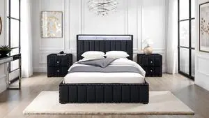 Queen Size Bed And 2X Nightstands Bedroom Furniture Luxury Look Black Fabric Upholstered Bedframe W Led Nailhead Trim 3Pc Bedroom Set Queen Size Bed And 2X Nightstands Bedroom Furniture Luxury Look Black Fabric Upholstered Bedframe W Led Nailhead Trim 3Pc Bedroom Set