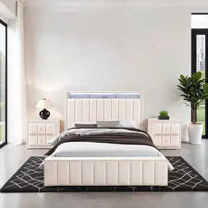 Full Size Bed 2X Nightstands Bedroom Furniture Contemporary Beige Fabric Upholstered Bedframe W Led Nailhead Trim 3Pc Bedroom Set Full Size Bed 2X Nightstands Bedroom Furniture Contemporary Beige Fabric Upholstered Bedframe W Led Nailhead Trim 3Pc Bedroom Set