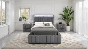Contemporary 3Pc Bedroom Set Queen Size Bed 2X Nightstands Bedroom Furniture Dark Gray Fabric Upholstered Bedframe W Led Nailhead Trim Contemporary 3Pc Bedroom Set Queen Size Bed 2X Nightstands Bedroom Furniture Dark Gray Fabric Upholstered Bedframe W Led Nailhead Trim