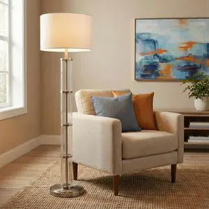 Nimbus Brushed Nickel Floor Lamp with 3-Way Rotary Switch Clear Glass Body Metal Base Nimbus Brushed Nickel Floor Lamp with 3-Way Rotary Switch Clear Glass Body Metal Base