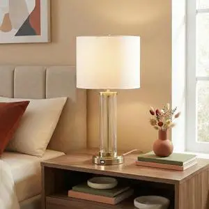 Luna Brushed Nickel Table Lamp with on/Off Switch Clear Glass Body Metal Base Luna Brushed Nickel Table Lamp with on/Off Switch Clear Glass Body Metal Base