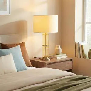 Echo Brushed Nickel Table Lamp with on/Off Switch Clear Glass Body Metal Base Echo Brushed Nickel Table Lamp with on/Off Switch Clear Glass Body Metal Base