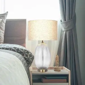 Aurora Ribbed Glass Lamp Base Clear Table Lamp Large Linen Shade Aurora Ribbed Glass Lamp Base Clear Table Lamp Large Linen Shade