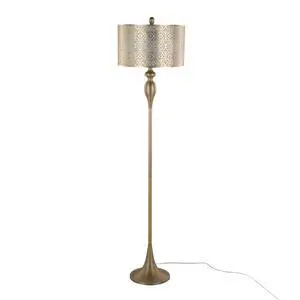 63" Contemporary Metal Floor Lamp in Gold Metal with Laser Cut Metal and Off-White Linen Shade 63" Contemporary Metal Floor Lamp in Gold Metal with Laser Cut Metal and Off-White Linen Shade