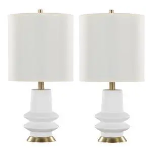 Lloyd 26" Contemporary Polyresin Table Lamp in Sanded Matte White Polyresin, Modern Brass and White Linen Shade From Grandview Gallery - Set Of 2 Lloyd 26" Contemporary Polyresin Table Lamp in Sanded Matte White Polyresin, Modern Brass and White Linen Shade From Grandview Gallery - Set Of 2