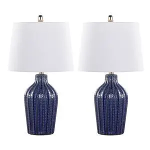 Rockwell 23" Contemporary Ceramic Table Lamp in Dark Blue Ceramic, Polished Nickel and White Linen Shade From Grandview Gallery - Set Of 2 Rockwell 23" Contemporary Ceramic Table Lamp in Dark Blue Ceramic, Polished Nickel and White Linen Shade From Grandview Gallery - Set Of 2