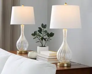 Jenny 27" Contemporary Glass Table Lamp in Clear Crackle Glass, Gold Metal and White Linen Shade From Grandview Gallery - Set Of 2 Jenny 27" Contemporary Glass Table Lamp in Clear Crackle Glass, Gold Metal and White Linen Shade From Grandview Gallery - Set Of 2
