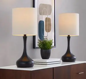 Genie 24" Contemporary Metal Table Lamp in Matte Black Metal with Oatmeal Linen Shade From Grandview Gallery - Set Of 2 Genie 24" Contemporary Metal Table Lamp in Matte Black Metal with Oatmeal Linen Shade From Grandview Gallery - Set Of 2