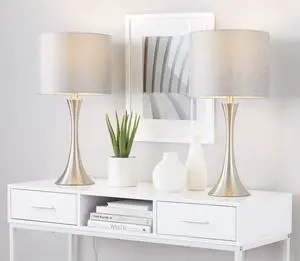24" Contemporary Metal Table Lamp in Brushed Nickel and Grey Sparkly Linen Shade with Silver Metallic Threading From Grandview Gallery - Set Of 2 24" Contemporary Metal Table Lamp in Brushed Nickel and Grey Sparkly Linen Shade with Silver Metallic Threading From Grandview Gallery - Set Of 2