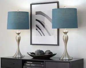 27" Contemporary Metal Table Lamp in Brushed Nickel with Mon Blue Textured Slub Linen Shade From Grandview Gallery - Set Of 2 27" Contemporary Metal Table Lamp in Brushed Nickel with Mon Blue Textured Slub Linen Shade From Grandview Gallery - Set Of 2