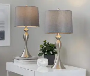 27" Contemporary Metal Table Lamp in Brushed Nickel with Grey Textured Linen Shade From Grandview Gallery - Set Of 2 27" Contemporary Metal Table Lamp in Brushed Nickel with Grey Textured Linen Shade From Grandview Gallery - Set Of 2