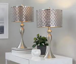 27" Contemporary Metal Table Lamp in Brushed Nickel with Grey Textured Linen and Brushed Nickel Laser Cut Shade From Grandview Gallery - Set Of 2 27" Contemporary Metal Table Lamp in Brushed Nickel with Grey Textured Linen and Brushed Nickel Laser Cut Shade From Grandview Gallery - Set Of 2