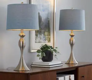 27" Contemporary Metal Table Lamp in Brushed Nickel with Light Blue Linen Shade From Grandview Gallery - Set Of 2 27" Contemporary Metal Table Lamp in Brushed Nickel with Light Blue Linen Shade From Grandview Gallery - Set Of 2