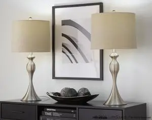 27" Contemporary Metal Table Lamp in Brushed Nickel with Light Grey Textured Linen Shade From Grandview Gallery - Set Of 2 27" Contemporary Metal Table Lamp in Brushed Nickel with Light Grey Textured Linen Shade From Grandview Gallery - Set Of 2