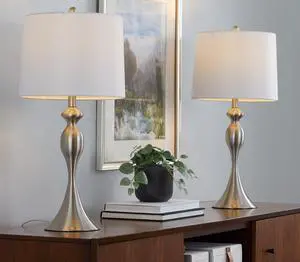 27" Contemporary Metal Table Lamp in Brushed Nickel with White Textured Linen Shade From Grandview Gallery - Set Of 2 27" Contemporary Metal Table Lamp in Brushed Nickel with White Textured Linen Shade From Grandview Gallery - Set Of 2