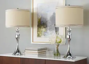27" Contemporary Metal Table Lamp in Polished Chrome and Cream Linen Shade with Trim From Grandview Gallery - Set Of 2 27" Contemporary Metal Table Lamp in Polished Chrome and Cream Linen Shade with Trim From Grandview Gallery - Set Of 2