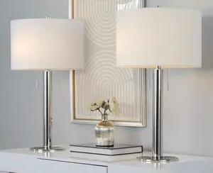Master 29" Contemporary Metal Table Lamp in Polished Nickel and White Linen Shade From Grandview Gallery - Set Of 2 Master 29" Contemporary Metal Table Lamp in Polished Nickel and White Linen Shade From Grandview Gallery - Set Of 2