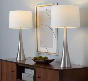 Diana 29" Contemporary Metal Table Lamp in Brushed Nickel with White Linen Shade From Grandview Gallery By - Set Of 2 Diana 29" Contemporary Metal Table Lamp in Brushed Nickel with White Linen Shade From Grandview Gallery By - Set Of 2