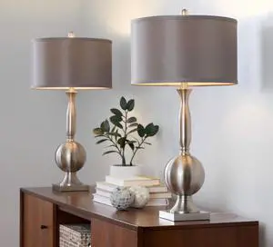 Joan 30" Contemporary Metal Table Lamp in Brushed Nickel with Grey Satin Shade From Grandview Gallery - Set Of 2 Joan 30" Contemporary Metal Table Lamp in Brushed Nickel with Grey Satin Shade From Grandview Gallery - Set Of 2