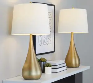 29" Contemporary Metal Table Lamp in Gold Metal with White Linen Shade From Grandview Gallery - Set Of 2 29" Contemporary Metal Table Lamp in Gold Metal with White Linen Shade From Grandview Gallery - Set Of 2