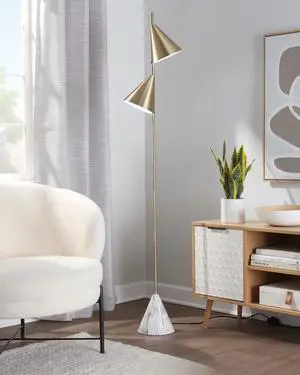 65" Metal Floor Lamp in Brushed Gold Metal with White Faux Marble Metal Base 65" Metal Floor Lamp in Brushed Gold Metal with White Faux Marble Metal Base