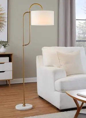Leslie 63" Metal Floor Lamp in White Marble and Gold Metal with White Linen Shade Leslie 63" Metal Floor Lamp in White Marble and Gold Metal with White Linen Shade