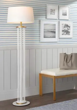 Rope Contemporary Floor Lamp in Natural Wood, White Metal, and White Rope Accent Rope Contemporary Floor Lamp in Natural Wood, White Metal, and White Rope Accent