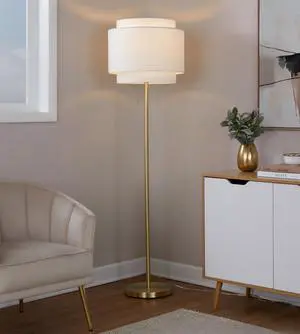 Tier 64" Contemporary Metal Floor Lamp in Gold Metal with Off-White Linen Shade Tier 64" Contemporary Metal Floor Lamp in Gold Metal with Off-White Linen Shade