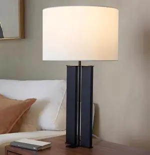 28" Contemporary Metal Table Lamp in Black Metal and White Linen 28" Contemporary Metal Table Lamp in Black Metal and White Linen