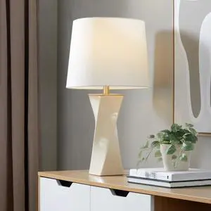Square Contemporary 27" Ceramic Table Lamp in Cream Ceramic, Gold Metal, and White Linen Square Contemporary 27" Ceramic Table Lamp in Cream Ceramic, Gold Metal, and White Linen