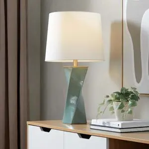 Square Contemporary 27" Ceramic Table Lamp in Sage Green Ceramic, Gold Metal, and White Linen Square Contemporary 27" Ceramic Table Lamp in Sage Green Ceramic, Gold Metal, and White Linen