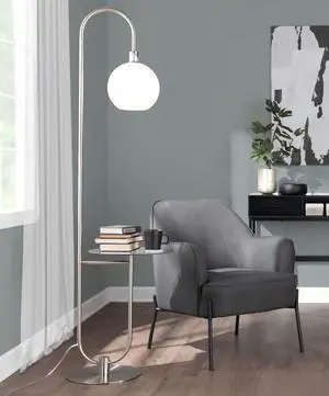 Trombone Contemporary Floor Lamp in Nickel Metal with Clear Glass Shelf Trombone Contemporary Floor Lamp in Nickel Metal with Clear Glass Shelf