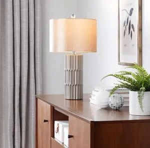22" Contemporary Ceramic Table Lamp in Brown and Metallic Brown Ceramic with Champagne Shade 22" Contemporary Ceramic Table Lamp in Brown and Metallic Brown Ceramic with Champagne Shade